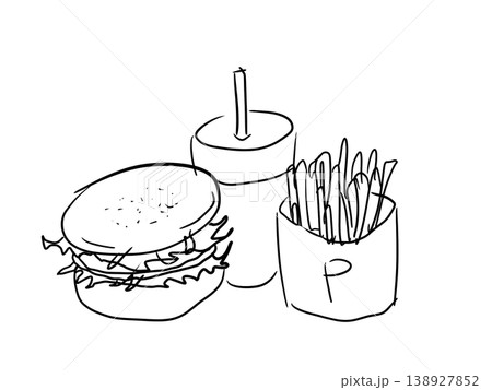 シンプルなモノクロのハンバーガーとフライドポテトとジュースのイラスト 138927852