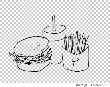 シンプルなモノクロのハンバーガーとフライドポテトとジュースのイラスト 138927852