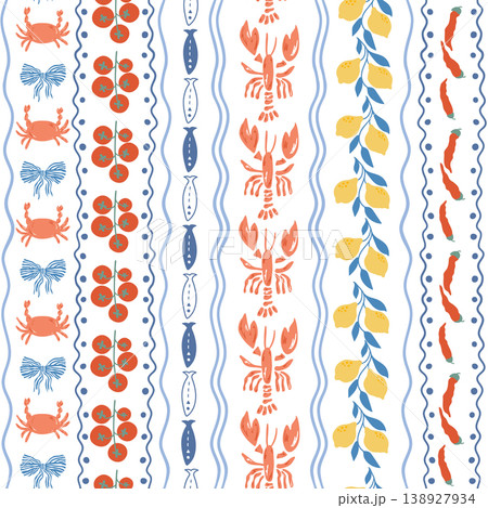 Italian la Dolce Vita vertical striped seamless pattern with lobsters, crabs, lemon. Vector Mediterranean summer print. Italian la Dolce Vita vertical striped seamless pattern with lobsters, crabs, lemon. Vector Mediterranean summer print. 138927934
