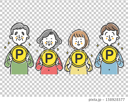 Two generations of family holding points coins (upper body, vector) Two generations of family holding points coins (upper body, vector) 138928377