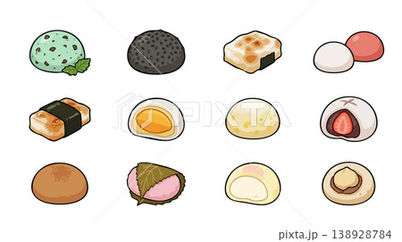 Japanese mochi and traditional sweets vector set, wagashi collection. Japanese mochi and traditional sweets vector set, wagashi collection. 138928784