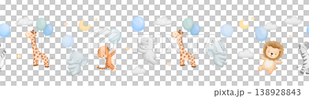 Cute seamless border with cute happy cartoon animals with balloons on isolated background, repeating childish watercolour painting, safari characters Cute seamless border with cute happy cartoon animals with balloons on isolated background, repeating childish watercolour painting, safari characters 138928843
