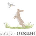 Watercolor hare and bird on grass. Isolated clipart of woodland animal. Hand drawn illustration 138928844
