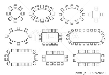 Floor plan icon showing chair arrangement from top view. Perfect for interior projects, restaurant layouts, blueprints, and architectural diagrams. Vector isolated illustration Floor plan icon showing chair arrangement from top view. Perfect for interior projects, restaurant layouts, blueprints, and architectural diagrams. Vector isolated illustration 138928848