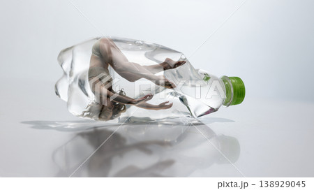 Woman bent inside crushed plastic bottle expressing physical restriction and emotional tension. 138929045
