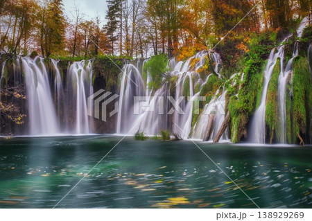 Plitvice Lakes Waterfall Long Exposure with Autumn Foliage 138929269