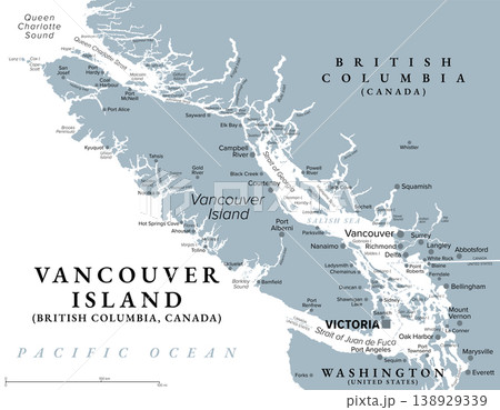 Vancouver Island, Canada, gray political map, with Victoria, capital of British Columbia. Island in the northeastern Pacific Ocean, east of Greater Vancouver, and north of Washington State. Vector 138929339