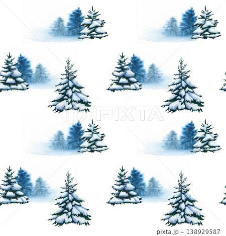 Seamless pattern of fir trees. Watercolor illustration of Christmas tree. Winter forest background. Wallpaper of snowy fir trees. Snowy landscape with trees. Watercolor pattern of evergreen Spruces. 138929587