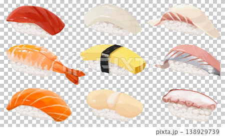 壽司配料組合(9種)(鮪魚、蝦、鮭魚、魷魚、雞蛋、扇貝、鯛魚、竹莢魚、章魚) 壽司配料組合(9種)(鮪魚、蝦、鮭魚、魷魚、雞蛋、扇貝、鯛魚、竹莢魚、章魚) 138929739