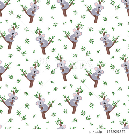 Seamless pattern Cute koala sitting on a eucalyptus tree. Vector illustration, cartoon background, wallpaper. 138929873