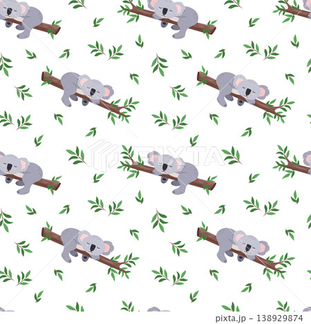 Seamless pattern Cute koala Sleeping on a eucalyptus tree. Vector illustration, cartoon background, wallpaper. 138929874