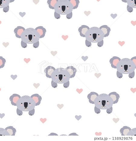 Cute koala face with paws and hearts. Seamless pattern cute animal. Vector illustration, cartoon background, wallpaper. 138929876