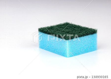 Blue and Green Dual-Sided Kitchen Sponge with Abrasive Scrubber Pad Isolated on White Background 138930165