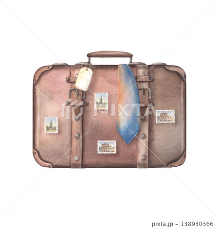 Hand-painted watercolor of brown leather suitcase with blank tag, travel stamps, and tie isolated on white. Perfect for travel, business themes, branding, advertising, posters, websites, packaging Hand-painted watercolor of brown leather suitcase with blank tag, travel stamps, and tie isolated on white. Perfect for travel, business themes, branding, advertising, posters, websites, packaging 138930366