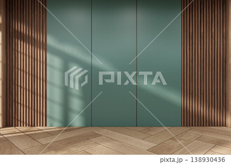 Clean modern japandi - Room empty mint wall on wood floor Mockup living room minimalist.3D rendering 138930436