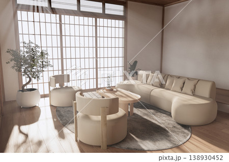 Modern room interior wabisabi style mint Armchair onEmpty room wabi sabi style. 3D illustration rendering 138930452