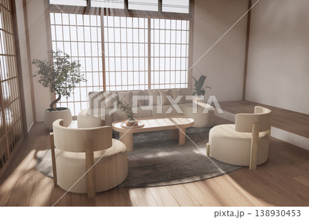 Modern room interior wabisabi style mint Armchair onEmpty room wabi sabi style. 3D illustration rendering Modern room interior wabisabi style mint Armchair onEmpty room wabi sabi style. 3D illustration rendering 138930453