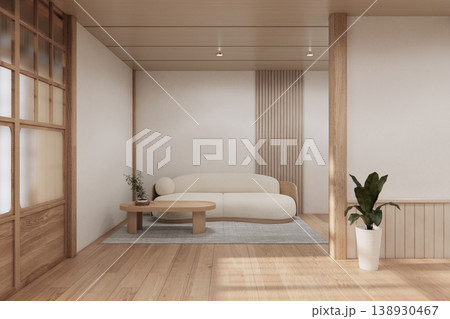 Modern room interior wabisabi style mint Armchair onEmpty room wabi sabi style. 3D illustration rendering Modern room interior wabisabi style mint Armchair onEmpty room wabi sabi style. 3D illustration rendering 138930467