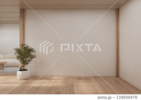 Clean modern japandi - Room empty white wall on wood floor Mockup living room minimalist.3D rendering 138930470
