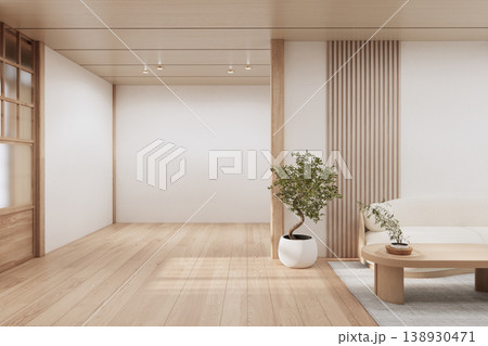 Modern room interior wabisabi style mint Armchair onEmpty room wabi sabi style. 3D illustration rendering Modern room interior wabisabi style mint Armchair onEmpty room wabi sabi style. 3D illustration rendering 138930471