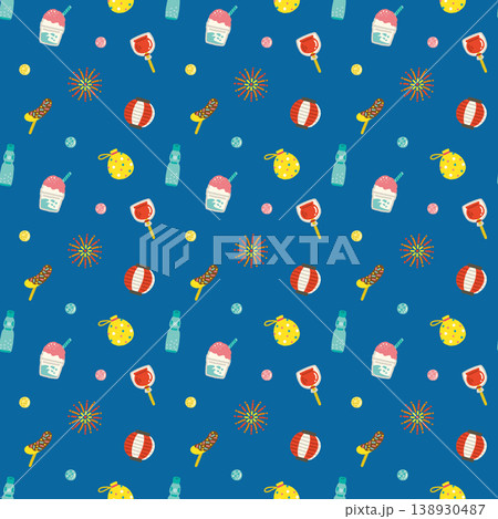 夏祭り シームレスパターン 背景 花火 提灯 かき氷 りんご飴 ヨーヨー ラムネ 手描き 138930487