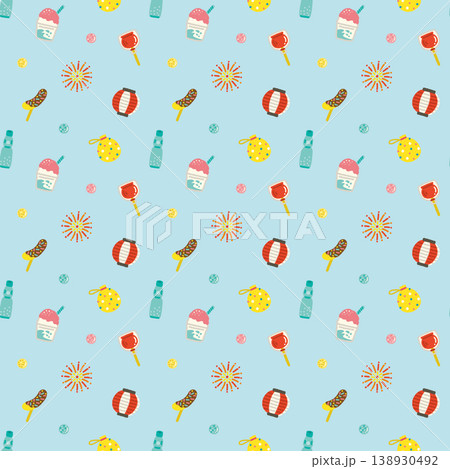 夏祭りのモチーフを散りばめたパターン素材 背景 シームレス 138930492