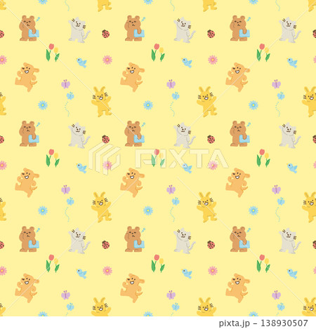 春 動物 パターン うさぎ 犬 猫 くま 花 パターン 背景 パステル 138930507