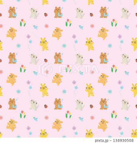 春の動物たちと花やチューリップのシームレスパターン 背景 パステルカラー 138930508