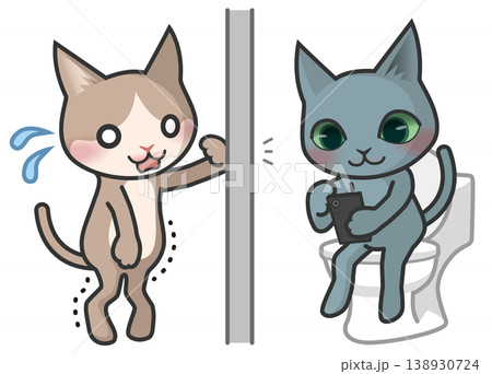 トイレでスマートフォンを見ている猫と、トイレが空くのを待っている猫のキャラクター 138930724