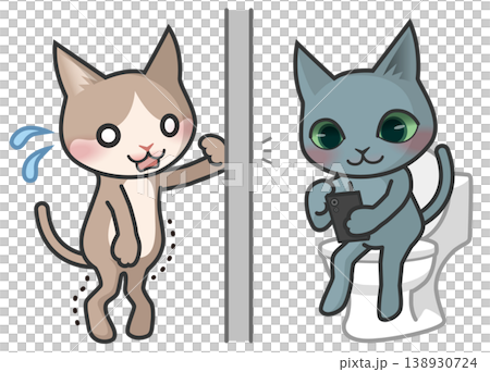 トイレでスマートフォンを見ている猫と、トイレが空くのを待っている猫のキャラクター 138930724