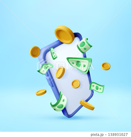 Smartphone with floating coin and banknote 3d 138931027