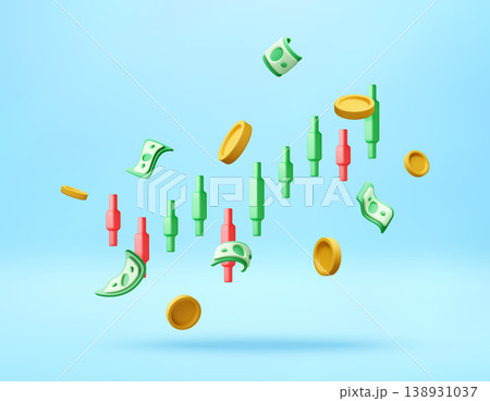 3D Candlestick chart with flying money and coins. 3D Candlestick chart with flying money and coins. 138931037