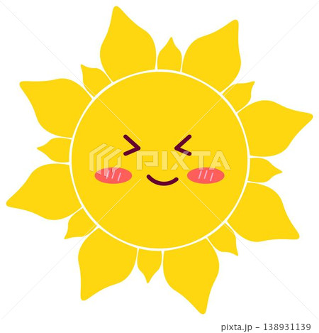 Cute laughing sun character with blushing cheeks, ideal for fun stickers, kids illustrations, emotion sets and cheerful summer designs Cute laughing sun character with blushing cheeks, ideal for fun stickers, kids illustrations, emotion sets and cheerful summer designs 138931139