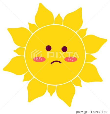 Cute sad sun character with rosy cheeks, perfect for emotion sets, childrens stickers, weather icons and playful educational designs Cute sad sun character with rosy cheeks, perfect for emotion sets, childrens stickers, weather icons and playful educational designs 138931140