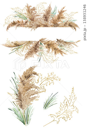 Watercolor beige pampas grass frame and bouquet clipart, Boho Wedding isolated illustration 138931246