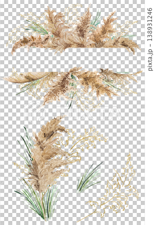 Watercolor beige pampas grass frame and bouquet clipart, Boho Wedding isolated illustration 138931246