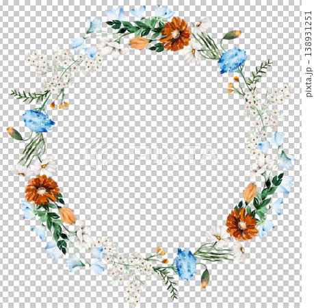 Watercolor wreath with blue, ivory and orange wildflowers, rustic isolated illustration for stationery Watercolor wreath with blue, ivory and orange wildflowers, rustic isolated illustration for stationery 138931251
