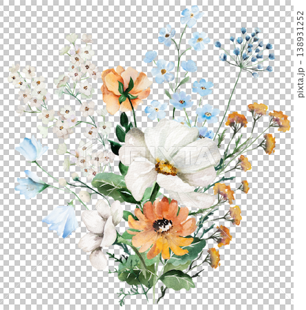 Watercolor bouquet with blue, ivory and orange wildflowers, rustic isolated illustration for stationery 138931252