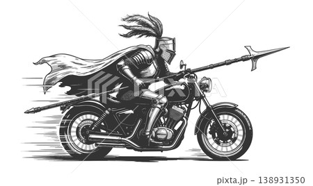 Medieval Knight Riding Motorcycle With Lance 138931350