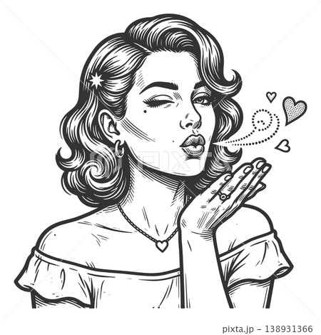 Retro Woman Blowing Kiss With Hearts raster Retro Woman Blowing Kiss With Hearts raster 138931366