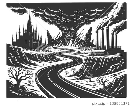 Road Leading to Devil in Dystopian Landscape 138931371