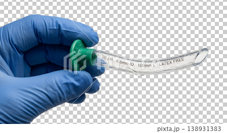 Hand holding a soft rubber nasal trumpet airway (nasopharyngeal airway) with a flared end, isolated on transparent background for emergency airway management Hand holding a soft rubber nasal trumpet airway (nasopharyngeal airway) with a flared end, isolated on transparent background for emergency airway management 138931383