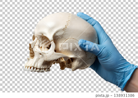 Hand holding a human skull (cranium and mandible) isolated on a transparent background, representing anatomy, mortality studies, and gothic medical themes Hand holding a human skull (cranium and mandible) isolated on a transparent background, representing anatomy, mortality studies, and gothic medical themes 138931386