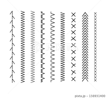 Geometric embroidery borders with decorative sewing patterns. Vector textile dividers featuring cross-stitch motifs, black thread elements, and seamless design edges for creative applications 138931400