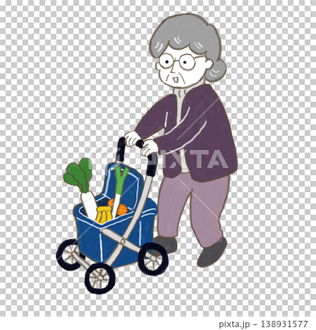 An old woman pushes a shopping cart and goes shopping. An old woman pushes a shopping cart and goes shopping. 138931577