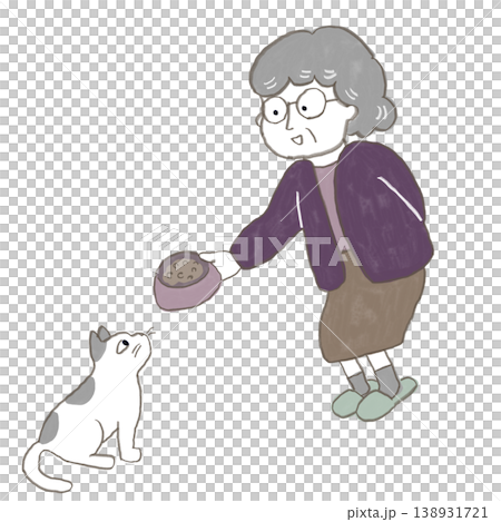 おばあさんがねこに餌をあげている 138931721
