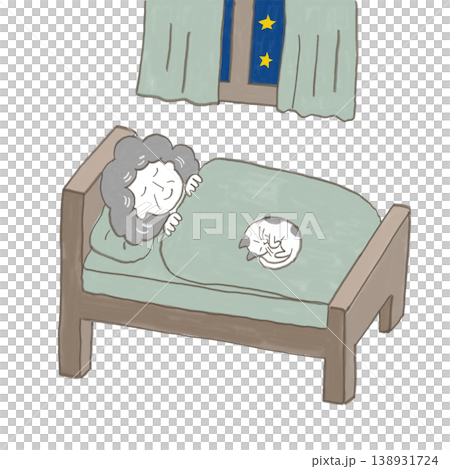 An old woman is sleeping in her futon, and a cat is curled up and sleeping on top of her. An old woman is sleeping in her futon, and a cat is curled up and sleeping on top of her. 138931724