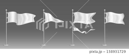 Realistic 3D white flag mockup on metal pole 138931729