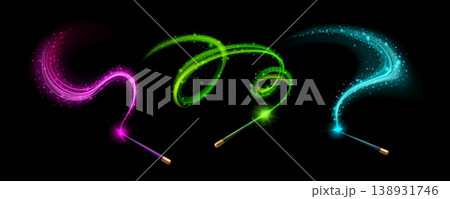 Magical wand with glowing sparkles, light trails 138931746