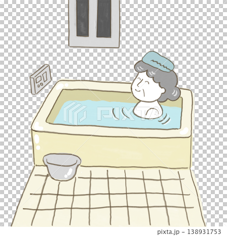 一位老婦人頭上裹著毛巾正在洗澡。 138931753